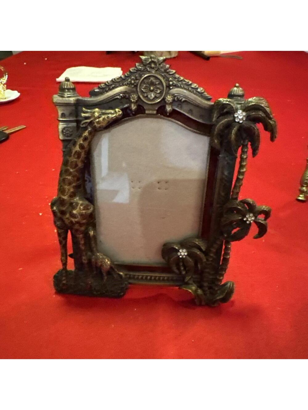Giraffe With Baby Eating & Palm Tree Metal Gold Bronze Gem Picture Photo Frame